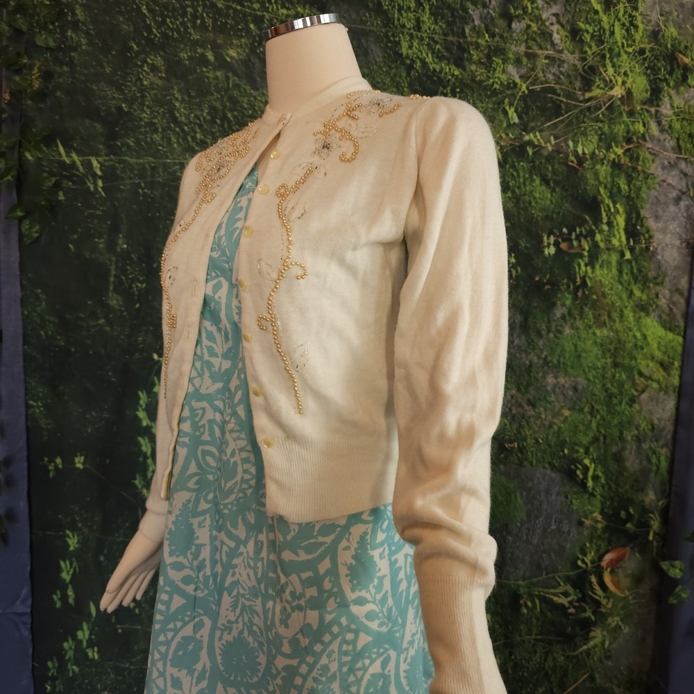 Vintage 1960's Cardigan Sweater Cream Beaded Susan Scott Originals Pinup - Picture 7 of 15